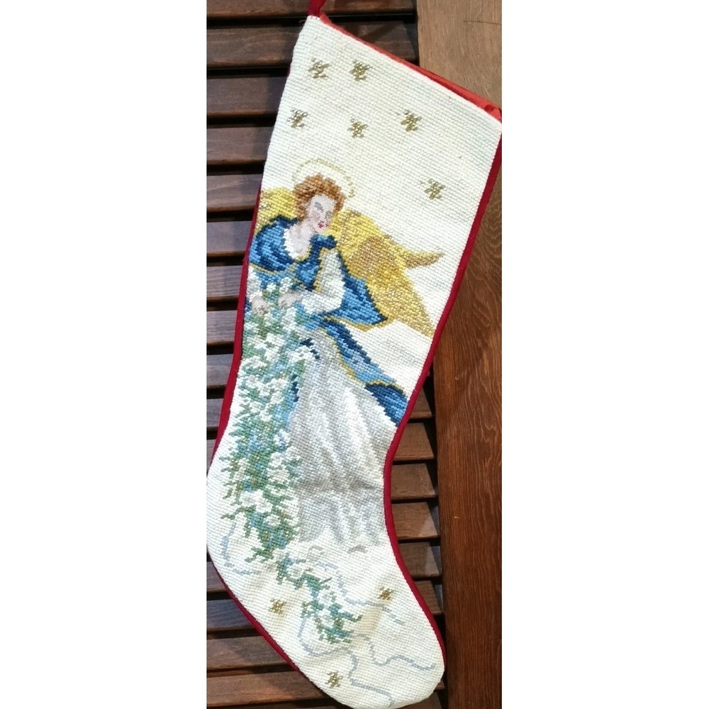 Embroidered Christmas Stocking Celestial Angel w/ Floral Garland 23"H Wool Front